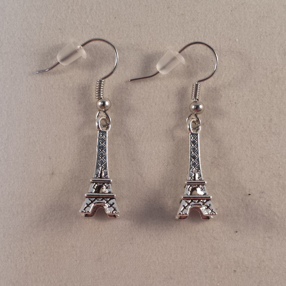 Silver Eiffel Tower Earrings Hypoallergenic Hooks - Picture 2 of 2